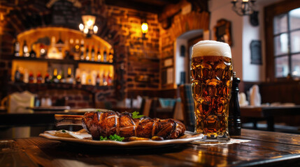 One glass of beer with baked pork knuckle on wooden table in old German beer bar, against blurred background of cozy atmosphere of popular drinking establishment. Classic ruddy meat dish. Close-up.