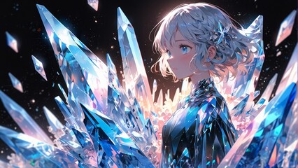 Naklejka premium クリスタルに囲まれた女の子,Generative AI AI画像