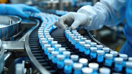 Pharmacist scientist with sanitary gloves examining medical vials on production line conveyor belt in pharmaceutical 