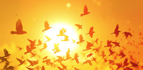 A picturesque scene of the sun setting with birds flying in the sky, set against an orange-yellow background. The composition includes a designated area for adding text or graphics. A warm ambiance 