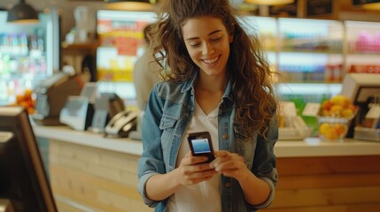 Woman with smart phone using contactless payment to pay cashier in retail shop