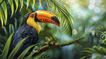 Naklejka premium A vibrant toucan perched on a branch amidst lush green foliage, showcasing its bright orange beak and colorful plumage in a tropical environment.