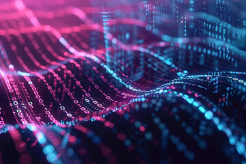 Close-up of a 3D binary code stream transforming into a protective barrier around sensitive data 