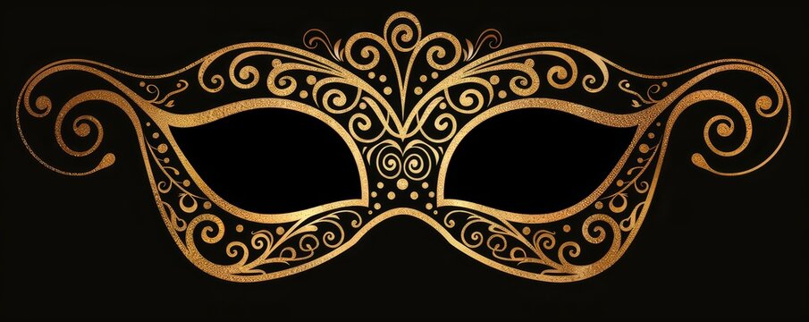 A golden eye mask for masquerade party festival isolated on black background with floral pattern art.