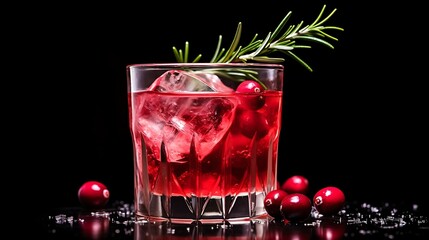 A festive holiday cocktail garnished with cranberries and rosemary sprigs, featuring vodka, cranberry juice, and a splash of sparkling water, served in a chilled glass.