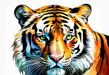 Vibrant digital art illustration of a tiger's face in bold colors, ideal for wildlife themes, conservation campaigns, and Chinese New Year of the Tiger festivities