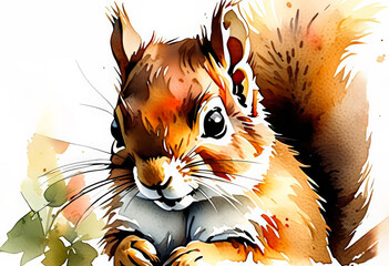 Watercolor illustration of a cute squirrel, ideal for fall season themes, Thanksgiving decor, and woodland animal educational materials