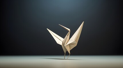 A perfect, folded and unfolded origami paper crane on a solid surface