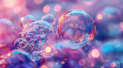 Close-up of a cluster of iridescent soap bubbles, with a smooth, blurred background in shades of pink, purple, and blue. - obrazy, fototapety, plakaty