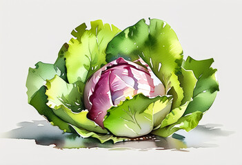 Watercolor illustration of a fresh green and purple cabbage, ideal for vegetarian cuisine concepts and healthy eating promotional materials - obrazy, fototapety, plakaty
