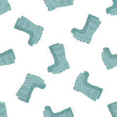 Seamless pattern of pair of rubber boot in turquoise color waterproof  footwear for seasonal design in flat style. Isolated vector illustration of gumboots for protection against water.