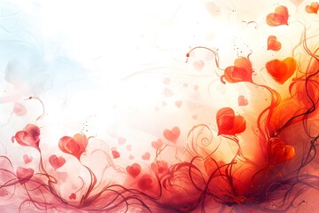 Vibrant Valentine Day backdrop floating hearts, red swirls,  delicate white accents. Love romance. Copy space