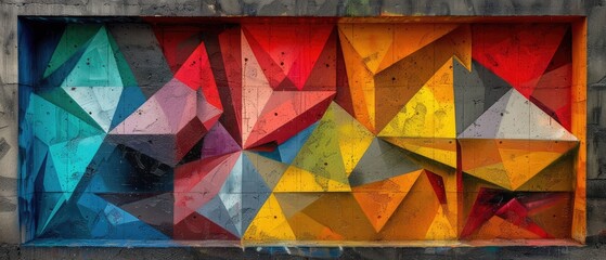 Colorful 3D geometric shapes with a rough concrete background. - obrazy, fototapety, plakaty