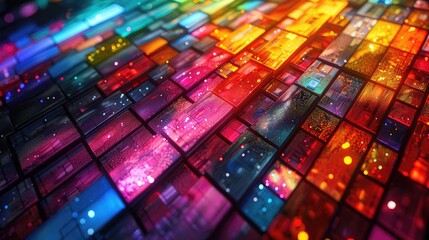 Colorful 3D rendering of a circuit board with glowing lights and shiny metallic surfaces. - obrazy, fototapety, plakaty