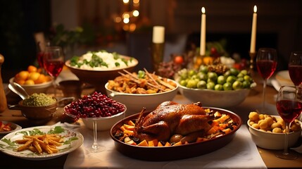 A festive holiday table set with an assortment of seasonal dishes, including roast turkey, cranberry sauce, stuffing, and roasted vegetables, ready for a family feast.