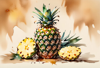 Artistic watercolor illustration of a whole pineapple and juicy slices on beige background, ideal for tropical summer themes and healthy eating concepts - obrazy, fototapety, plakaty