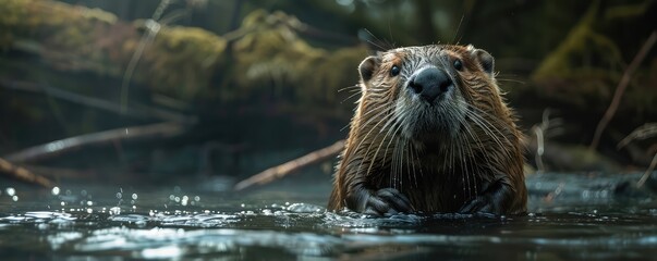 Intense beaver close-up in natural habitat