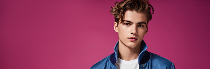 Stylish young man in a trendy blue jacket posing against a magenta backdrop, ideal for fashion and youth culture themes