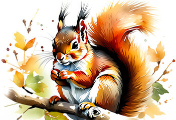 Vibrant watercolor illustration of a red squirrel on a branch amidst autumn leaves, perfect for fall season themes and wildlife art collections - obrazy, fototapety, plakaty