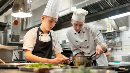 Young apprentice chef repeats complex recipe steps under chef's guidance