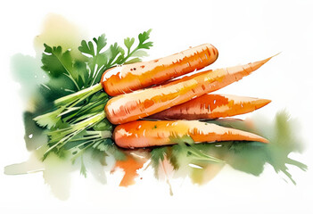 Watercolor illustration of fresh carrots with green tops on a white background, ideal for concepts related to healthy eating, vegetarian cuisine, and spring harvest - obrazy, fototapety, plakaty