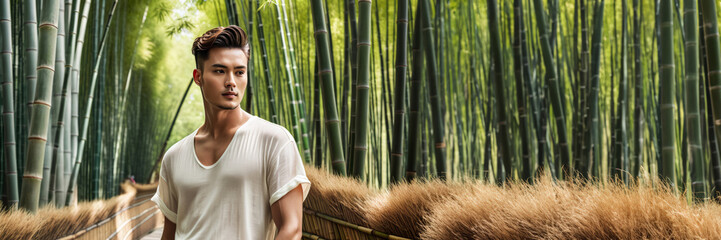 Asian male model in a white V-neck T-shirt posing thoughtfully against lush bamboo forest, evoking...