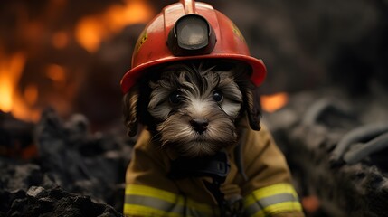 A puppy in a firefighter's helmet, bravely rescuing miniature creatures from peril