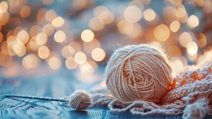 Yarn ball with knitting needle and bokeh lights background - Powered by Adobe