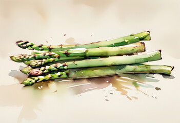 Watercolor illustration of fresh green asparagus spears, conceptually linked to healthy eating and related to springtime culinary themes or vegetarian cuisine - obrazy, fototapety, plakaty