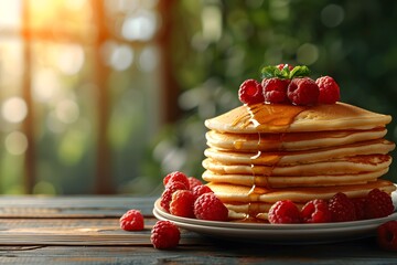 Stack golden pancakes outdoors, fresh raspberries syrup. Summer breakfast or brunch setting. Copy...