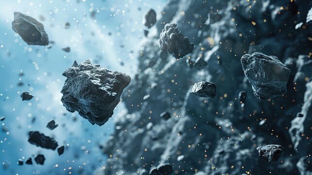 abstract background with broken meteoroids drift in empty space.