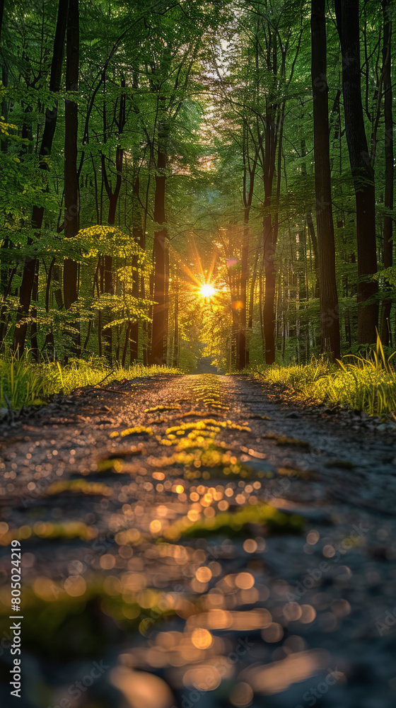 Poster a forest path dappled with sunlight filtering through trees, casting a warm glow and long shadows du