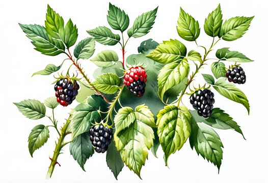 Vibrant watercolor illustration of ripe and unripe blackberries on a bush, perfect for gardening themes and summer harvest content