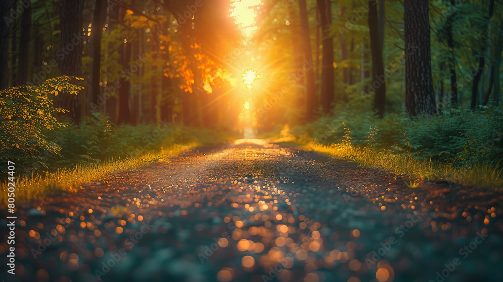 Poster a tranquil forest path with sunlight filtering through the trees, casting a warm glow over the folia