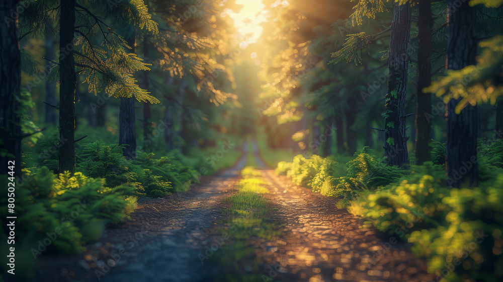 Poster a serene forest path with sunlight filtering through the trees, casting a warm glow on the foliage a