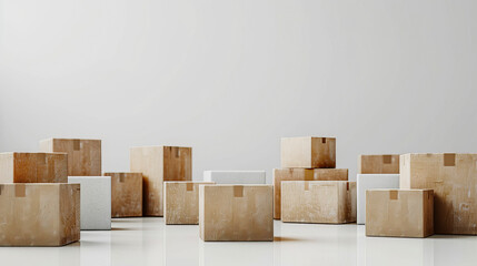An assortment of brown cardboard boxes with a few white boxes, seemingly scattered on a reflective floor against a white background, suggesting a move or delivery.