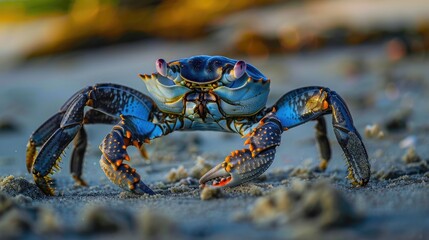 Blue rock crab on the beach. - obrazy, fototapety, plakaty