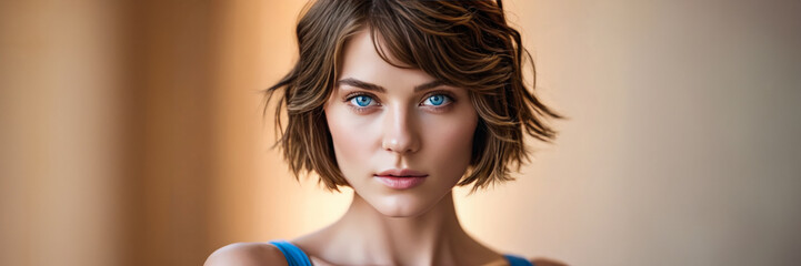 Fototapeta premium 3D rendered image of a young woman with short hair and blue eyes on a beige background, ideal for technology, virtual reality, or digital art concepts