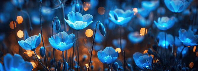 Glowing blue flowers in a dark forest. - obrazy, fototapety, plakaty