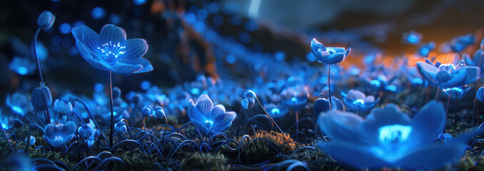 Glowing blue flowers. - obrazy, fototapety, plakaty