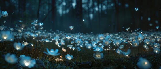 Glowing mushrooms in the night forest. - obrazy, fototapety, plakaty