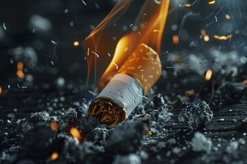 Close-up of a burning cigarette with ash falling symbolizing danger and addiction 