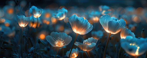 Glowing flowers in a field at night - obrazy, fototapety, plakaty