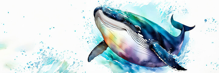 Vibrant watercolor illustration of a humpback whale, ideal for World Oceans Day and marine conservation themes