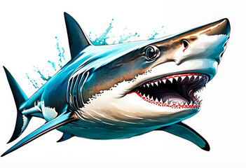 Vibrant digital illustration of a great white shark, ideal for marine biology education, Shark Week promotions, and ocean conservation awareness campaigns