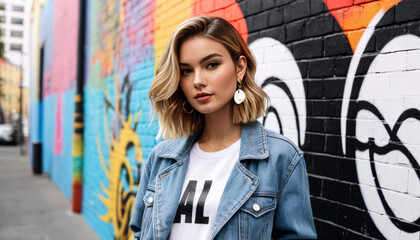 Stylish young woman with denim jacket posing against vibrant graffiti wall, embodying urban fashion...