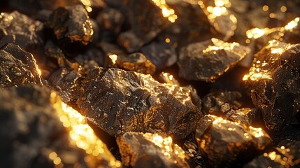 Closeup of a pile of gold nuggets in the sunshine.