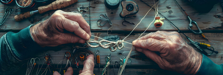 Intricate Detail of Tying a Fishing Knot Amidst Array of Fishing Equipment