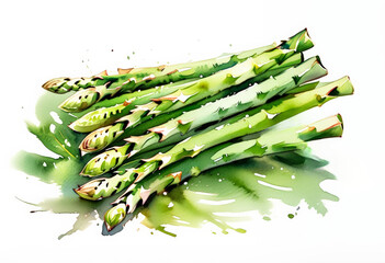 Vibrant watercolor illustration of fresh asparagus stems, ideal for culinary themes, healthy eating concepts, and spring seasonal menus