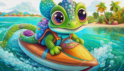 oil painting style CARTOON CHARACTER CUTE a beautiful baby chameleon rides a jet ski on the sea